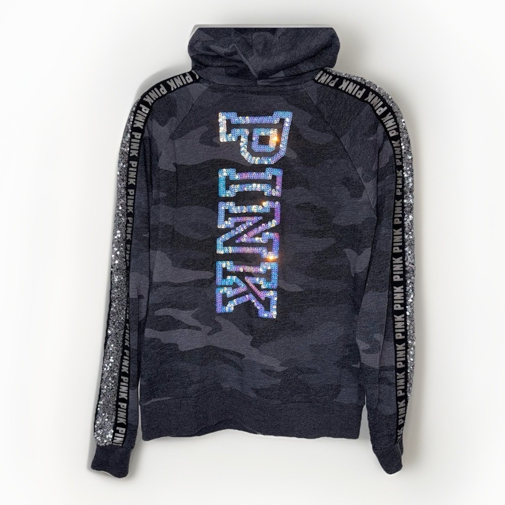 PINK Victoria's Secret Camo Sequin Full Zip Hoodie Womens Small Y2K Bling Dog - Picture 7 of 8